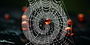 A dewkissed spider web glistening in the morning sunlight, each delicate strand capturing the es