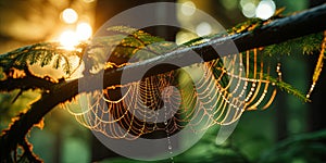 A dewkissed spider web glistening in the morning sunlight, each delicate strand capturing the ess