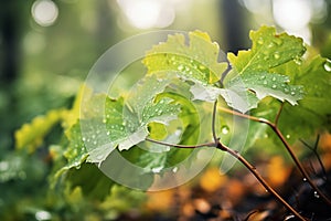 dewy green leaves catching rainwater in a forest