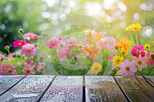 dewy morning table, background of vibrant, fresh summer blooms