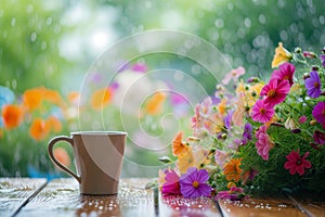 dewy morning table, background of vibrant, fresh summer blooms