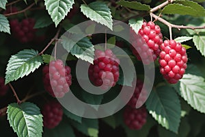 Dewy raspberries ripening on a vibrant green bush