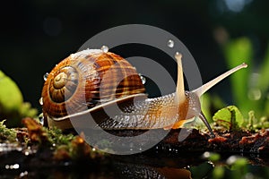 Dewy snail on a garden with water drops