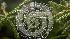 Dewy Spider Web on Green Leaf in Forest