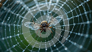 Dewy Spiderweb with Spider Closeup