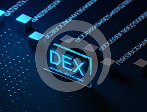 DEX decentralized exchange platform text word on glass blockchain distributed ledger technology