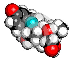 Dexamethasone glucocorticoid drug. Steroid drug with anti-inflammatory and immunosuppressant properties. 3D rendering. Atoms are.