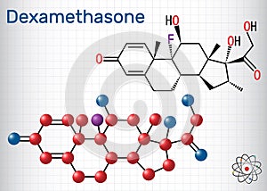Dexamethasone molecule. This anti-inflammatory medication is a corticosteroid hormone glucocorticoid. Sheet of paper in a cage