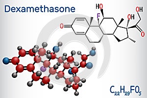 Dexamethasone molecule. This anti-inflammatory medication is a corticosteroid hormone glucocorticoid. Is used to treat arthritis