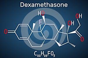 Dexamethasone molecule. This anti-inflammatory medication is a corticosteroid hormone glucocorticoid. Is used to treat arthritis