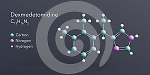 dexmedetomidine molecule 3d rendering, flat molecular structure with chemical formula and atoms color coding