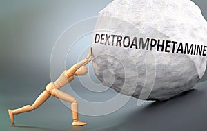 Dextroamphetamine and painful human condition, pictured as a wooden human figure pushing heavy weight to show how hard it can be