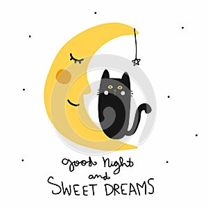 Good night and sweet dreams black cat and half moon smile cartoon vector illustration doodle style photo