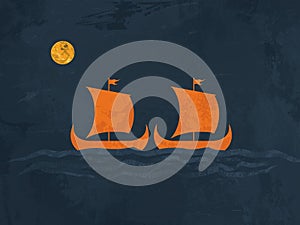 Two Fiery Viking Longships Sailing Under a Golden Full Moon in a Starry