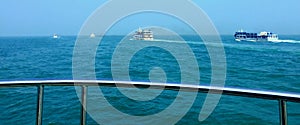 Dhaka,Bangladesh - August 19,2020 : Travel cruise ship on deep sea blue water shot taken from front rolling side of a big ship