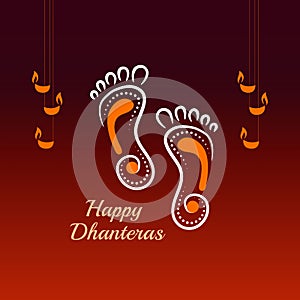 Dhanteras Festival Greeting Card vector illustration with decorative elements, oil-lamps and footprint of Goddess Maa Laxmi.