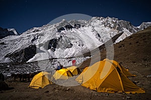 Dharamsala camp site under the moonlight in Manaslu circuit trek, Himalayas mountain, Nepal