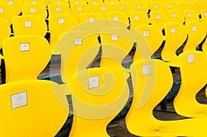 Empty yellow plastic chairs in symmetrical rows in a cricket stadium