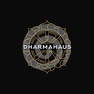 Dharma vector logo. Dharma illustration. Dharma wheel logo. Dharma wheel icon.