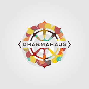 Dharma vector logo. Dharma illustration. Dharma wheel logo. Dharma wheel icon.