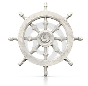 Dharma Wheel, Buddhist symbol. 3D illustration of the Buddhist symbol - Wheel of Dharma - made of white marble on a white backgrou