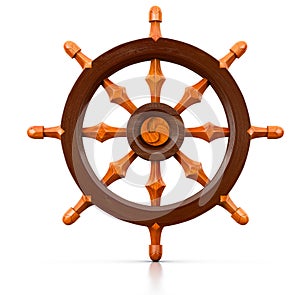 Dharma Wheel, Buddhist symbol. 3D illustration of the Buddhist symbol - Wheel of Dharma - made of wood on a white background