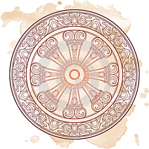 Dharma Wheel, Dharmachakra. Symbol of Buddha`s teachings on the path to enlightenment, liberation from the karmic photo