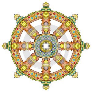Dharma Wheel or dharmachakra, theach and walk to the path of Nirvana