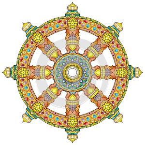 Dharma Wheel or dharmachakra, theach and walk to the path of Nirvana photo