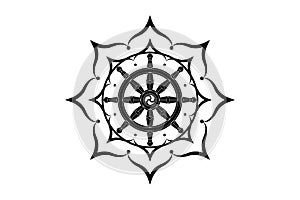 Dharma wheel logo icon. Buddhism sacred lotus flower symbol. Dharmachakra, eight petals. Vector illustration isolated on white