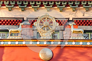 Dharmacakra - Wheel of the Dharma and two doe simbol of buddhism, hinduism, jainism