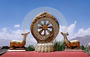 Dharmachakra on the roof of Jokhang Temple in Lhasa.