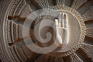 Dharmachakra or Wheel of Dhamma Symbol of Buddhism, Carved sands