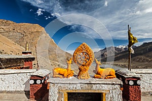 Dharmachakra Wheel of Life in Key gompa Tibetan Buddhist monastery . Spiti Valley, Himachal Pradesh, India