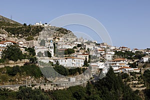 Dhermi, Albania, July 9 2019: Traditional mountain village above the Mediterranean Sea in the Albanian mountains