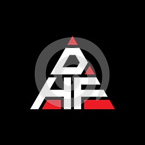 DHF triangle letter logo design with triangle shape. DHF triangle logo design monogram. DHF triangle vector logo template with red
