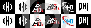 DHI letter logo design in six style. DHI polygon, circle, triangle, hexagon, flat and simple style with black and white color