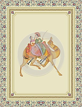 Dhola Maru Art - Rajashthani Miniature Painting Maharaja And Maharani On Camel. Vector illustration frame.