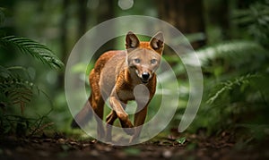 Dhole - Agile Hunter in Lush Forest Environment. Photo of dhole Cuon alpinus captured in full stride as it navigates the dense