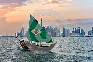 Dhow Boat on Corniche with Brazil Flag in Doha Qatar
