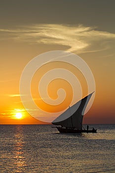 Dhow sailing during sunset in Zanzibar.