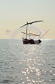 A dhow silhouette. Chigamane beach. Vilanculos. Inhambane province. Mozambique