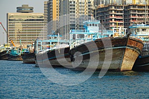 Dhows moored in the Dubai Canal