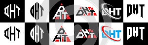 DHT letter logo design in six style. DHT polygon, circle, triangle, hexagon, flat and simple style with black and white color photo