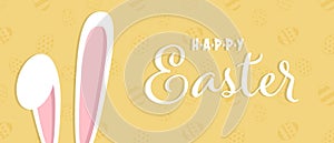 Colorful Happy Easter greeting card with rabbit, bunny, eggs with banners