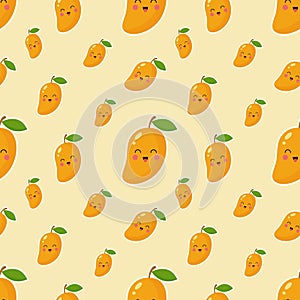 Seamless pattern with fresh bright exotic whole and sliced mango isolated on white background. Summer fruits for healthy