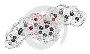Di-n-pentyl phthalate DNPP plasticizer molecule. 3D rendering. Atoms are represented as spheres with conventional color coding:. photo