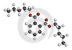 Di-n-pentyl phthalate DNPP plasticizer molecule. 3D rendering. Atoms are represented as spheres with conventional color coding:. photo