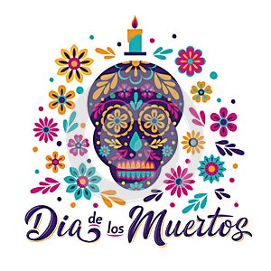 Dia de Los Muertos card with decorated skull, flowers and lettering sign photo