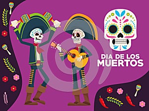 Dia de los muertos celebration lettering card with skeletons mariachis and flowers photo
